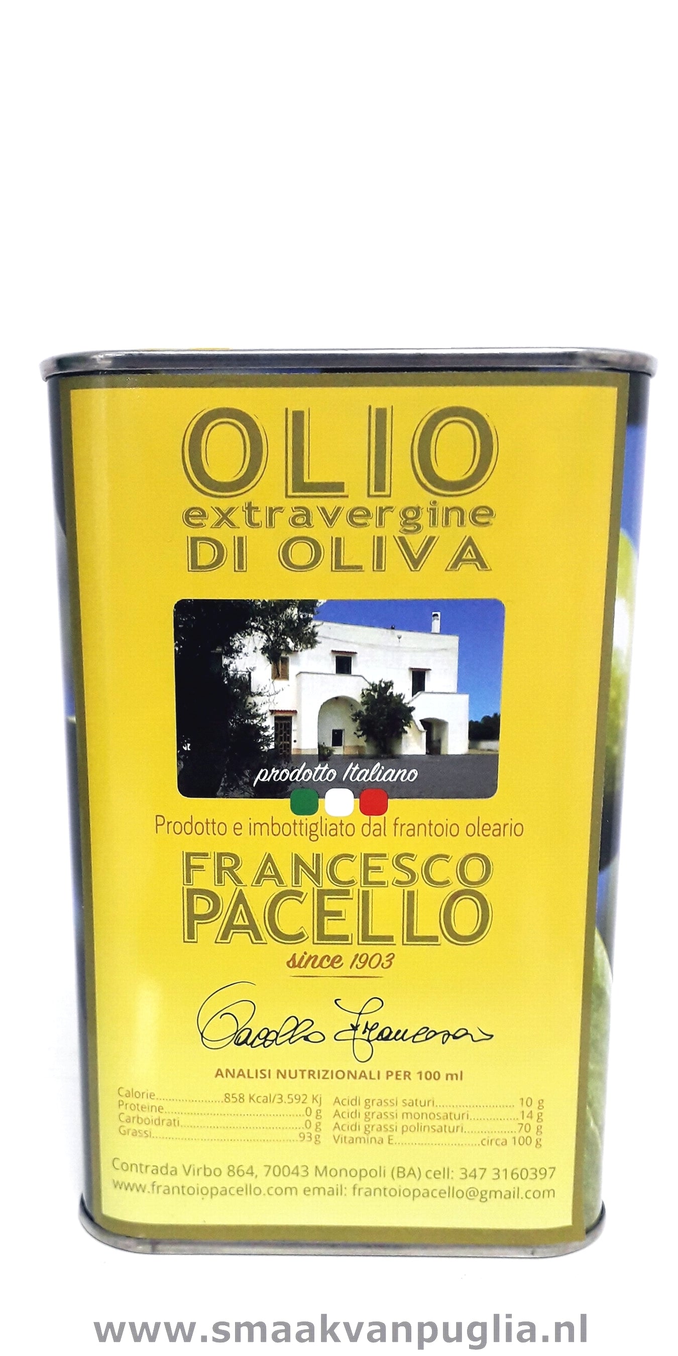 PACELLO EXTRA VERGINE (1 liter) blik olijfolie